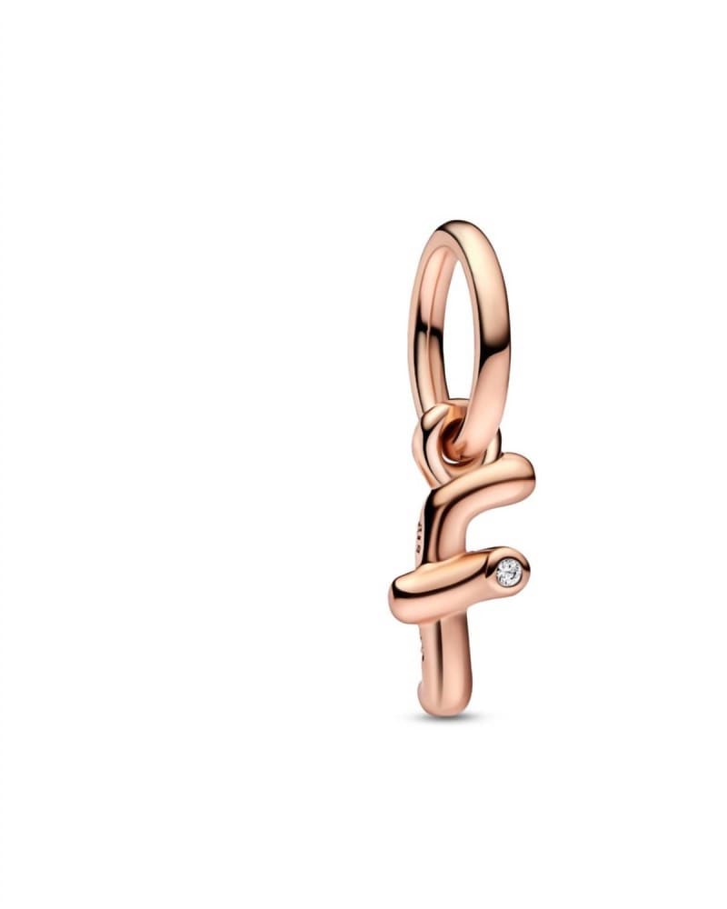 Front of a size O/S Letter F Script Alphabet Dangle Charm in Rose Gold in Rose Gold by Pandora. | dia_product_style_image_id:329364